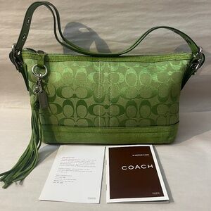 NEW Coach East West Duffle Hobo Green Logo Tassel Suede Canvas Shoulder Bag